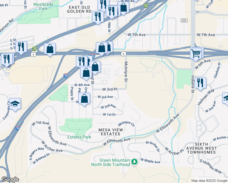 map of restaurants, bars, coffee shops, grocery stores, and more near 15791 West 3rd Place in Golden