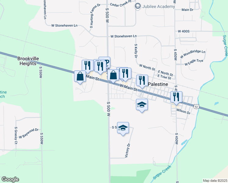 map of restaurants, bars, coffee shops, grocery stores, and more near 47 West Main Street in New Palestine