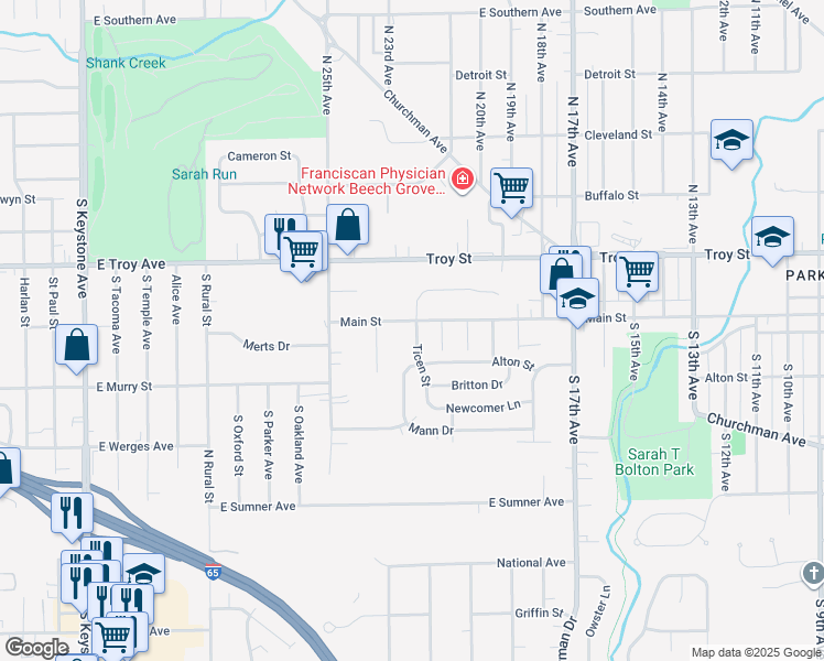 map of restaurants, bars, coffee shops, grocery stores, and more near 2146 Main Street in Beech Grove
