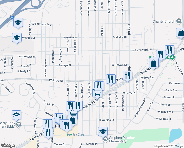 map of restaurants, bars, coffee shops, grocery stores, and more near 2929 South Rybolt Avenue in Indianapolis