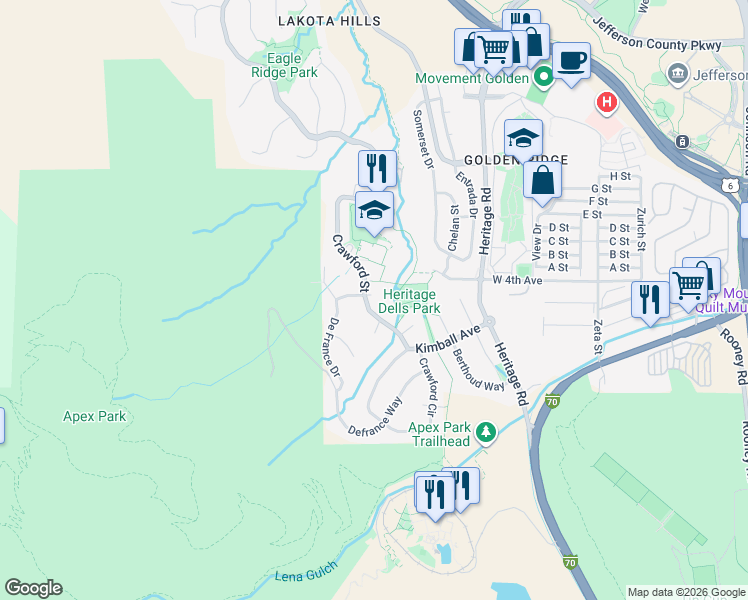 map of restaurants, bars, coffee shops, grocery stores, and more near 404 Crawford Street in Golden