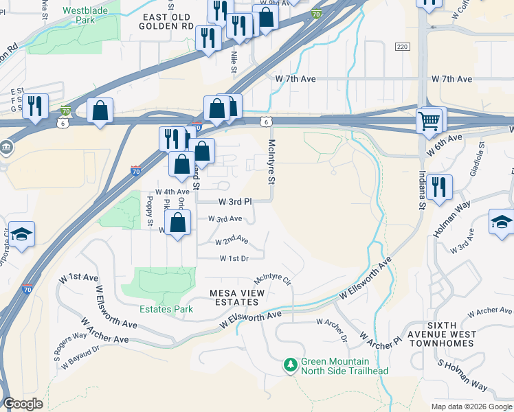 map of restaurants, bars, coffee shops, grocery stores, and more near 15638 West 3rd Place in Golden