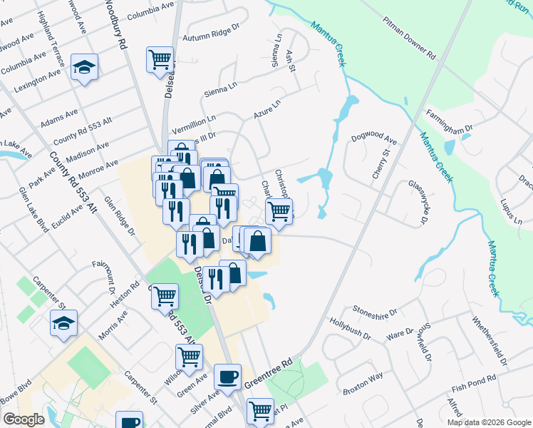 map of restaurants, bars, coffee shops, grocery stores, and more near 104 Yellowwood Court in Glassboro