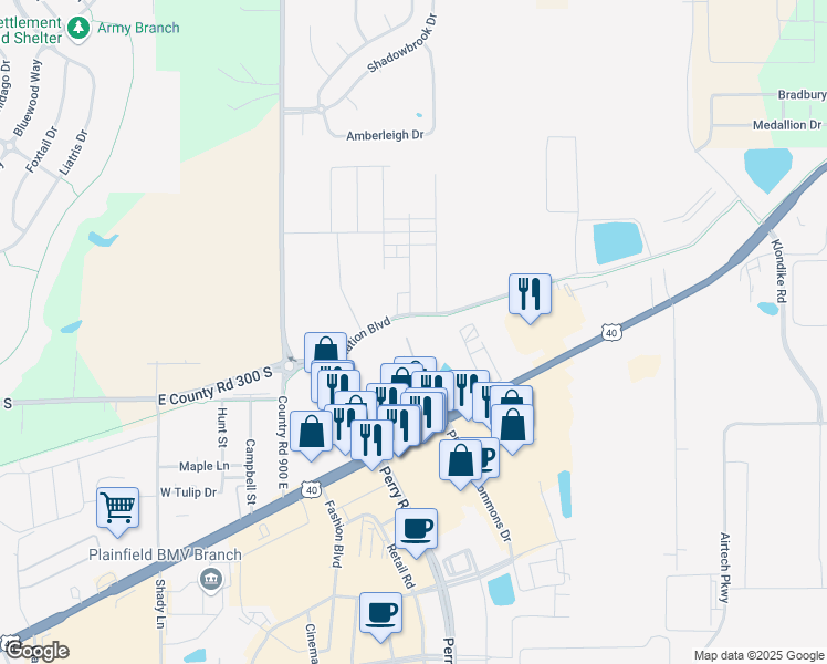 map of restaurants, bars, coffee shops, grocery stores, and more near 2660 East Main Street in Plainfield