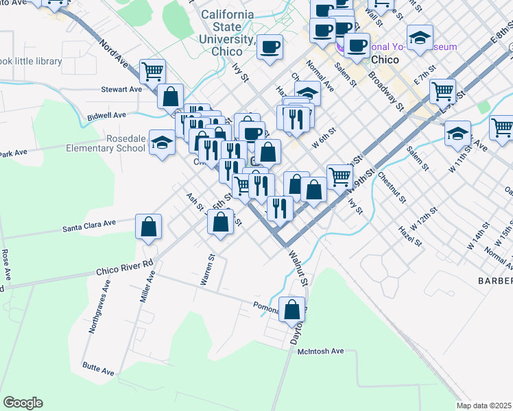 map of restaurants, bars, coffee shops, grocery stores, and more near 641 Walnut Street in Chico