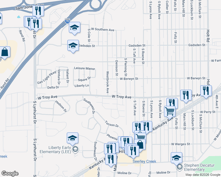 map of restaurants, bars, coffee shops, grocery stores, and more near 2927 Westbrook Avenue in Indianapolis