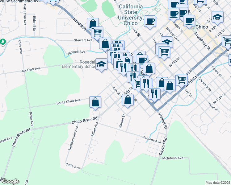 map of restaurants, bars, coffee shops, grocery stores, and more near 408 Ash Street in Chico
