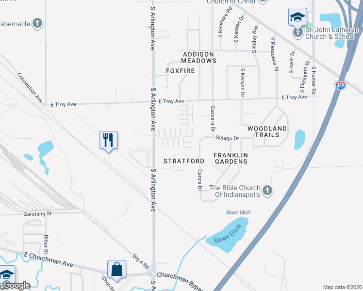 map of restaurants, bars, coffee shops, grocery stores, and more near 6147 Wildcat Drive in Indianapolis