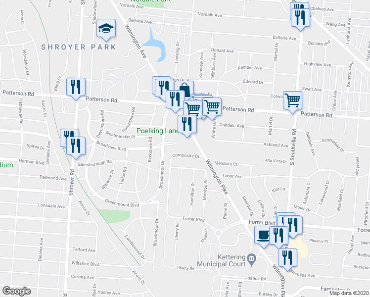 map of restaurants, bars, coffee shops, grocery stores, and more near 1429 Wilmington Avenue in Dayton