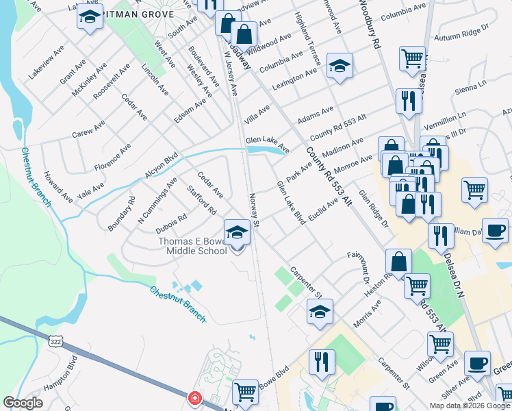 map of restaurants, bars, coffee shops, grocery stores, and more near 907 Norway Street in Pitman