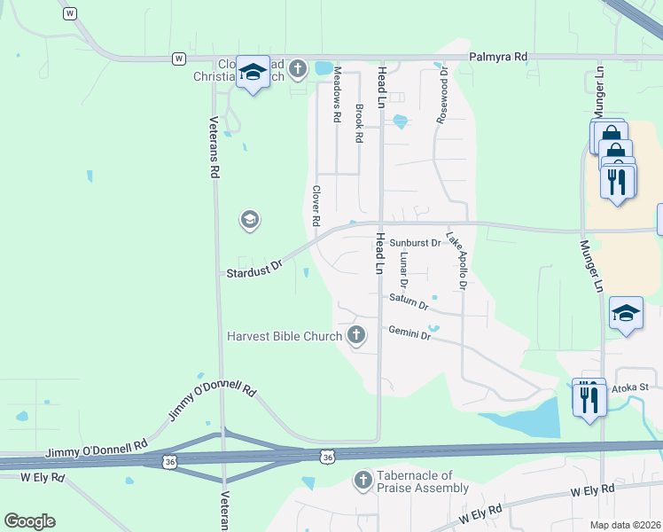 map of restaurants, bars, coffee shops, grocery stores, and more near 625 Clover Rd in Hannibal