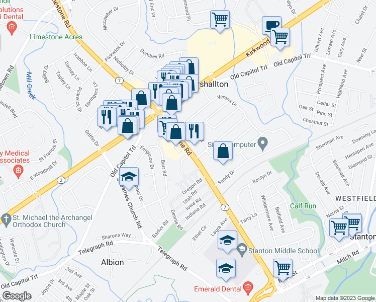 map of restaurants, bars, coffee shops, grocery stores, and more near 2020 Limestone Road in Wilmington