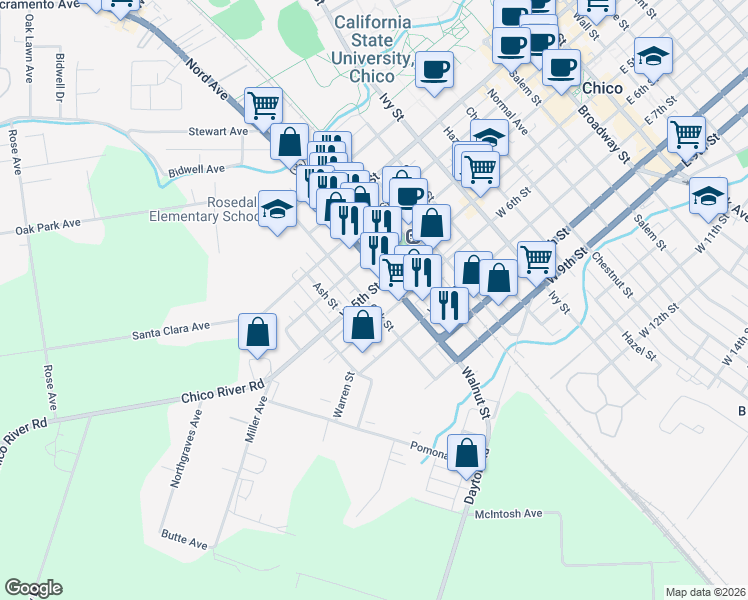 map of restaurants, bars, coffee shops, grocery stores, and more near 505 Oak Street in Chico