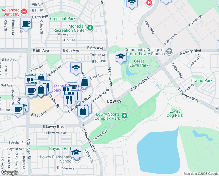 map of restaurants, bars, coffee shops, grocery stores, and more near 85 Uinta Way in Denver