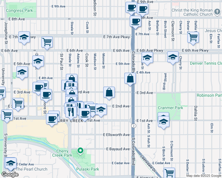 map of restaurants, bars, coffee shops, grocery stores, and more near 330 Monroe Street in Denver