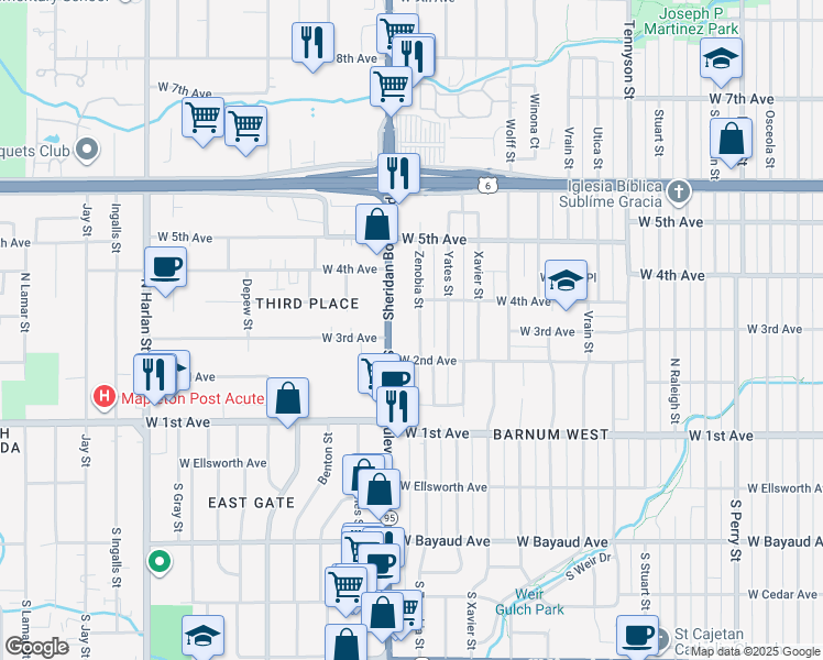 map of restaurants, bars, coffee shops, grocery stores, and more near 351 Zenobia Street in Denver