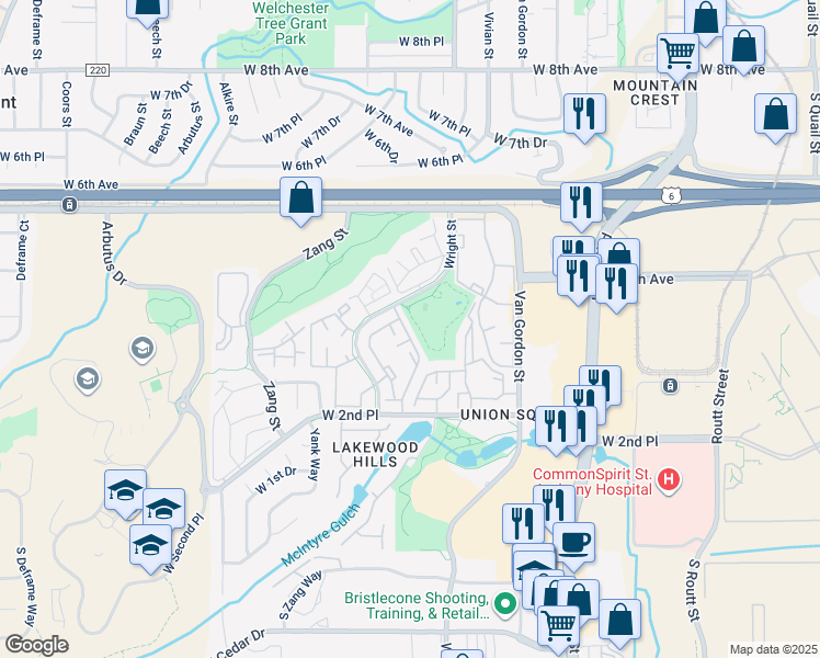 map of restaurants, bars, coffee shops, grocery stores, and more near 422 Wright Street in Lakewood