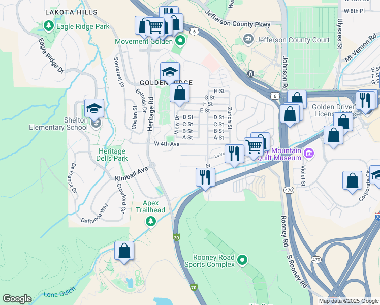 map of restaurants, bars, coffee shops, grocery stores, and more near 18234 West 4th Avenue in Golden
