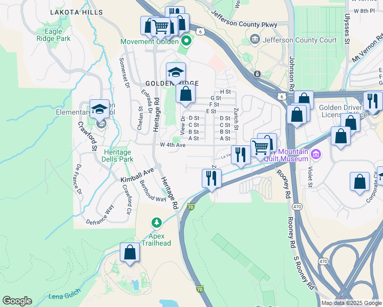 map of restaurants, bars, coffee shops, grocery stores, and more near 18234 West 4th Avenue in Golden