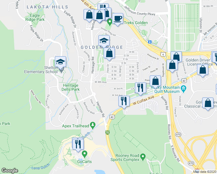 map of restaurants, bars, coffee shops, grocery stores, and more near 18234 West 4th Avenue in Golden