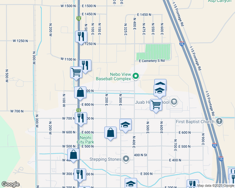 map of restaurants, bars, coffee shops, grocery stores, and more near 262 East 900 North in Nephi