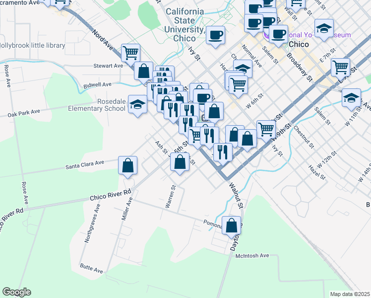 map of restaurants, bars, coffee shops, grocery stores, and more near 1141 West 5th Street in Chico