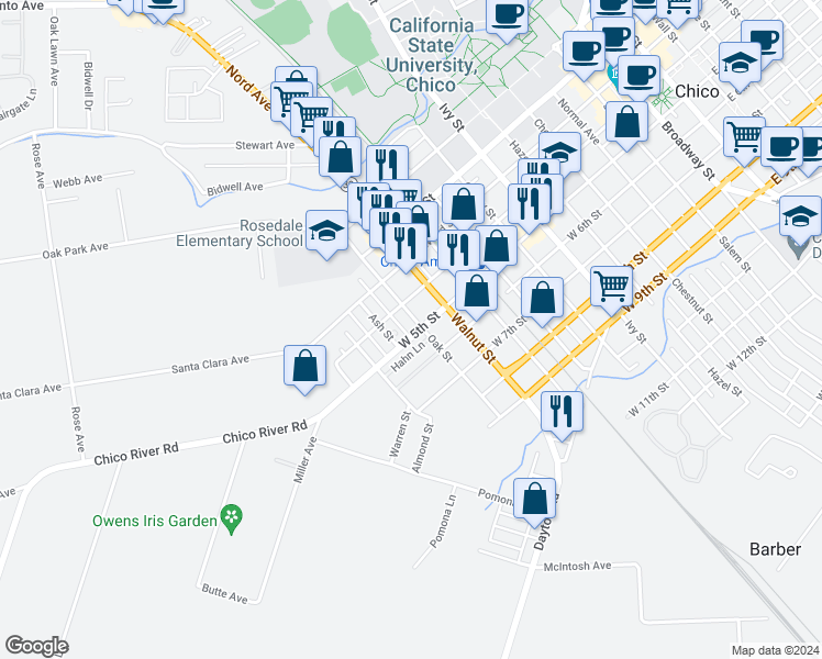 map of restaurants, bars, coffee shops, grocery stores, and more near 1141 West 5th Street in Chico