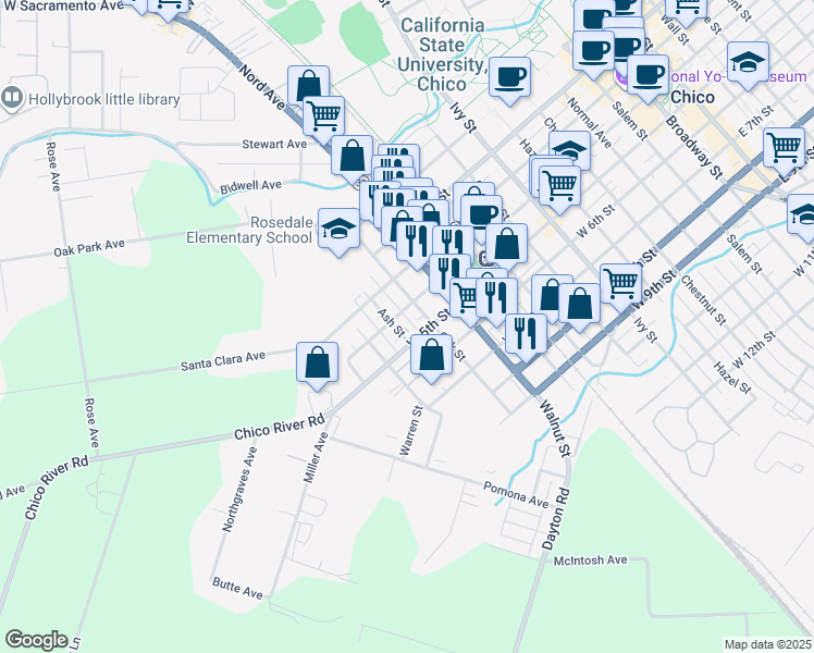 map of restaurants, bars, coffee shops, grocery stores, and more near 403 Ash Street in Chico