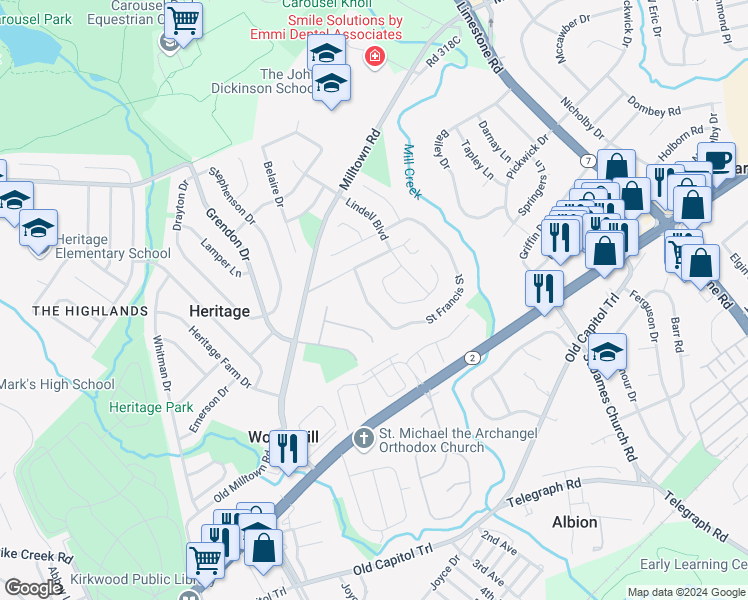 map of restaurants, bars, coffee shops, grocery stores, and more near 2212 West Saint Joseph Street in Wilmington