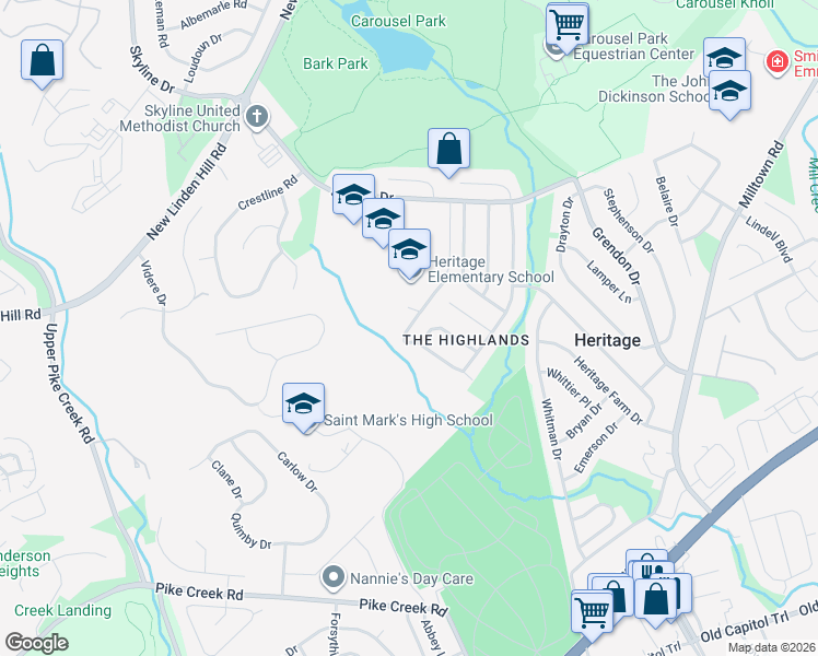 map of restaurants, bars, coffee shops, grocery stores, and more near 2723 Pickering Road in Wilmington