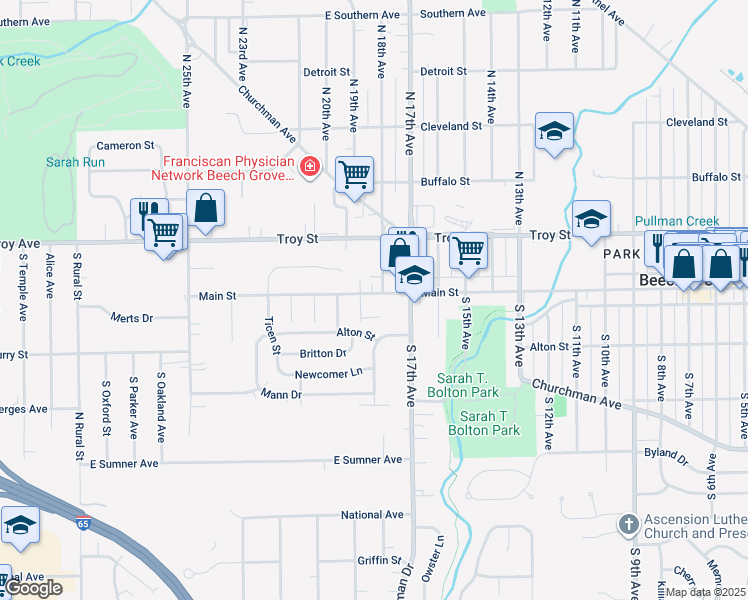 map of restaurants, bars, coffee shops, grocery stores, and more near 1839 Main Street in Beech Grove