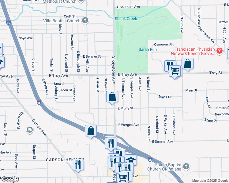 map of restaurants, bars, coffee shops, grocery stores, and more near South Keystone Avenue in Indianapolis