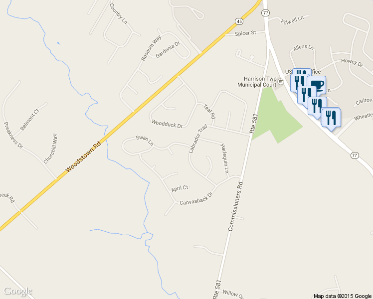 map of restaurants, bars, coffee shops, grocery stores, and more near 1400 Swan Lane in Harrison Township