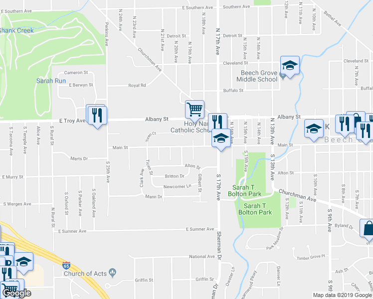 map of restaurants, bars, coffee shops, grocery stores, and more near 1917 Main Street in Beech Grove