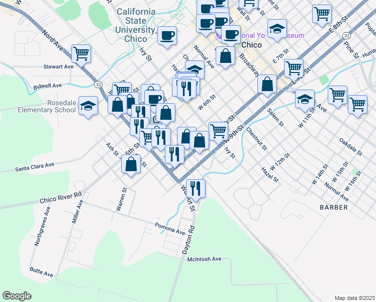 map of restaurants, bars, coffee shops, grocery stores, and more near 744 Orange Street in Chico