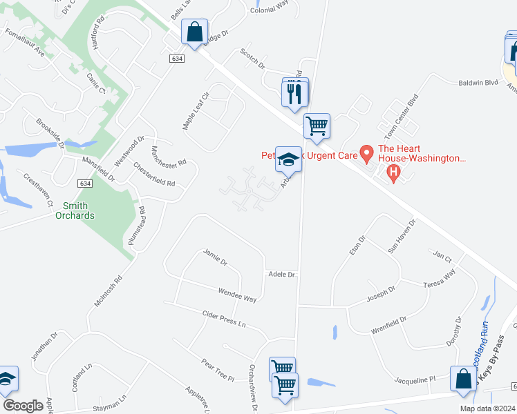 map of restaurants, bars, coffee shops, grocery stores, and more near 2405 Thistledown Court in Washington Township