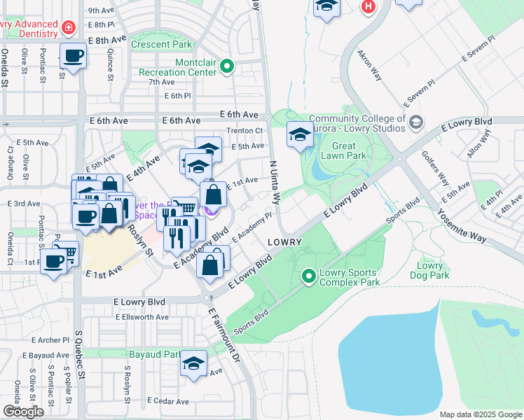 map of restaurants, bars, coffee shops, grocery stores, and more near 85 Uinta Way in Denver