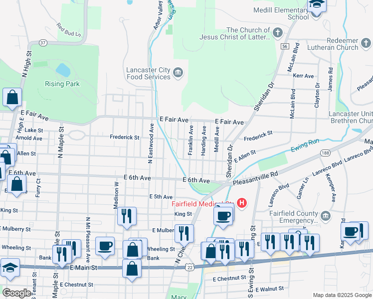 map of restaurants, bars, coffee shops, grocery stores, and more near 727 Franklin Avenue in Lancaster