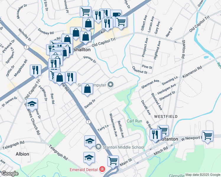 map of restaurants, bars, coffee shops, grocery stores, and more near 4429 Sandy Drive in Wilmington
