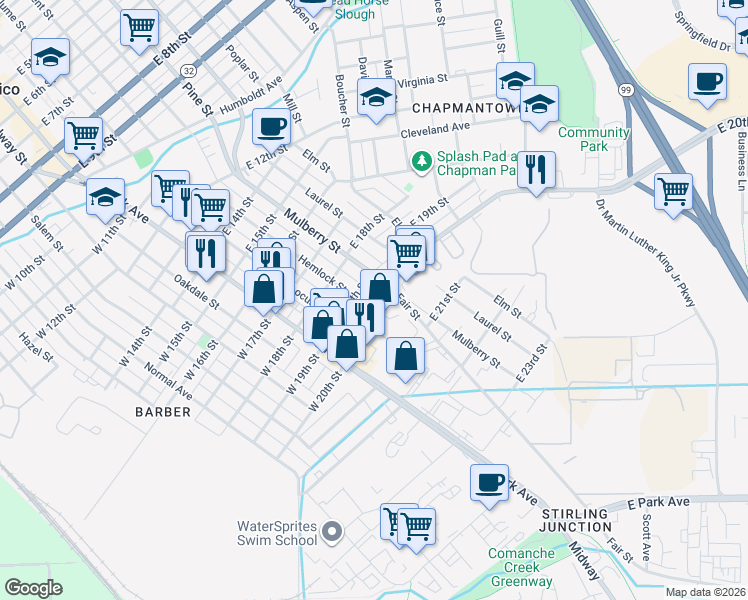 map of restaurants, bars, coffee shops, grocery stores, and more near 344 East 20th Street in Chico
