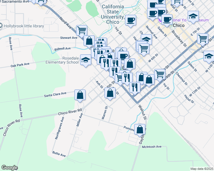 map of restaurants, bars, coffee shops, grocery stores, and more near 1204 West 5th Street in Chico