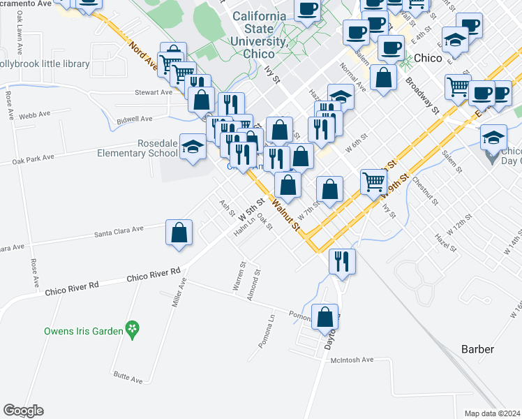 map of restaurants, bars, coffee shops, grocery stores, and more near 1141 West 5th Street in Chico
