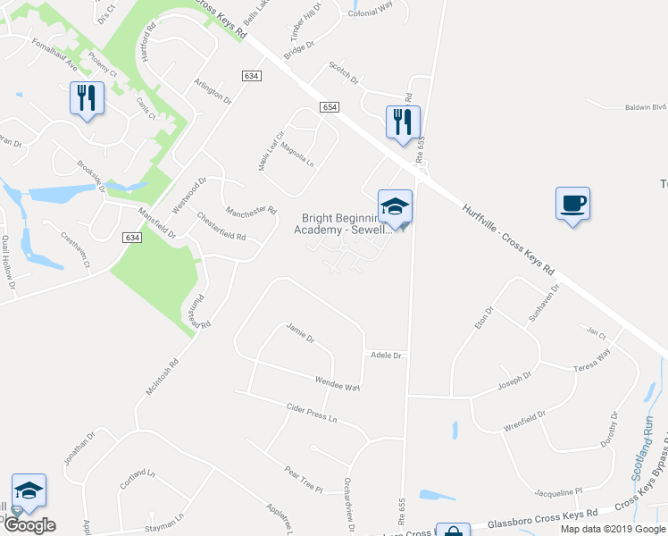 map of restaurants, bars, coffee shops, grocery stores, and more near Tanglewood Court in Washington Township
