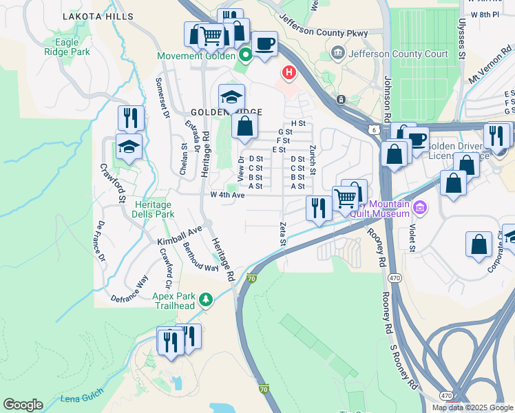 map of restaurants, bars, coffee shops, grocery stores, and more near 18227 West 3rd Place in Golden