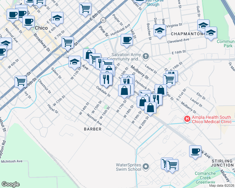map of restaurants, bars, coffee shops, grocery stores, and more near in Chico