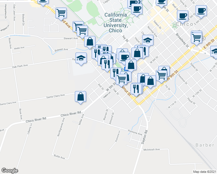 map of restaurants, bars, coffee shops, grocery stores, and more near 1204 West 5th Street in Chico