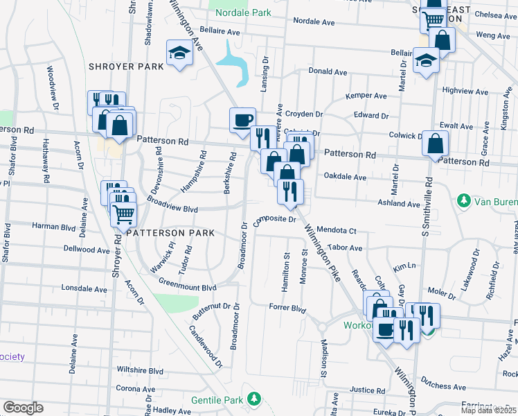 map of restaurants, bars, coffee shops, grocery stores, and more near 1308 Broadview Boulevard in Dayton