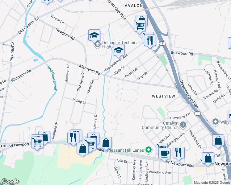map of restaurants, bars, coffee shops, grocery stores, and more near 408 Kiamensi Road in Wilmington