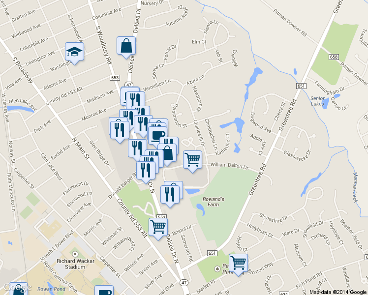 map of restaurants, bars, coffee shops, grocery stores, and more near 52 Winterberry Court in Glassboro
