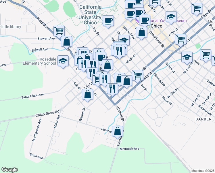 map of restaurants, bars, coffee shops, grocery stores, and more near 632 Cedar Street in Chico